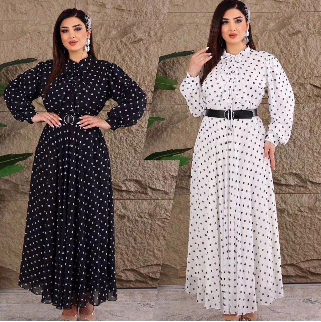 پیراهن بلند زنانه مدل توپ توپی مدل راحله به همراه کمربند چرم جنس الیزه