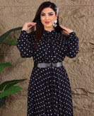 پیراهن بلند زنانه مدل توپ توپی مدل راحله به همراه کمربند چرم جنس الیزه