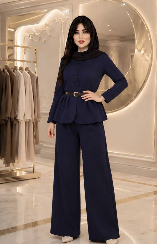 ست زنانه سمیه با کمربند چرم مشکی و دکمه کاربردی